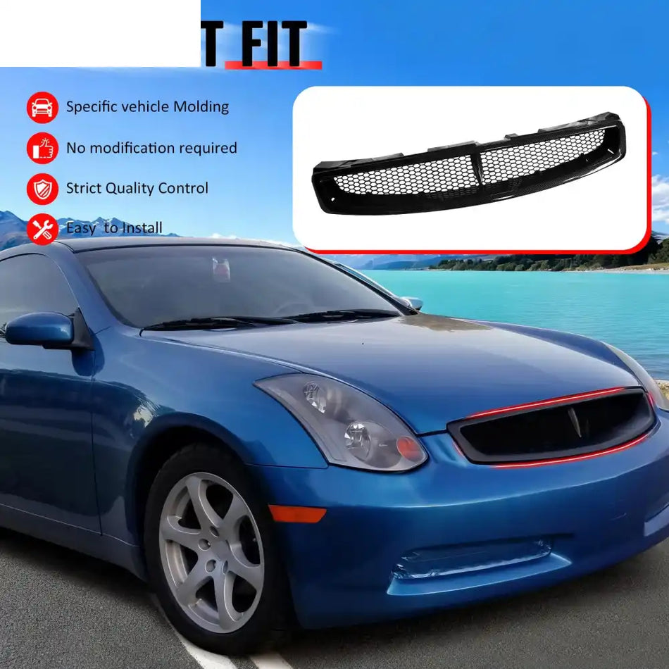 2003-2007 Infiniti G35 Coupe 2-Door JDM Style Front Bumper Upper Grille Replacement Carbon Fiber Print ABS Carbon Fiber