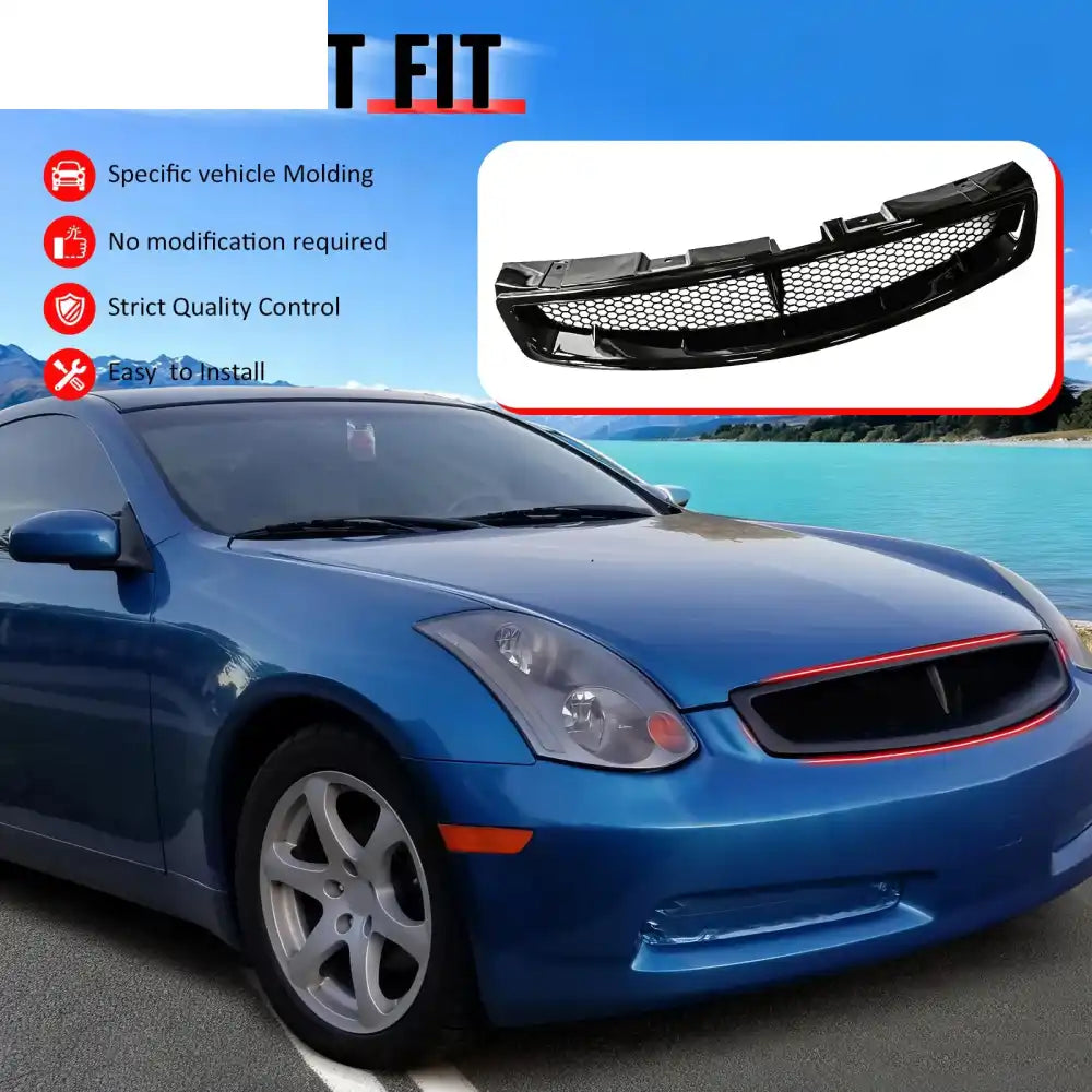 2003-2007 Infiniti G35 Coupe 2-Door JDM Style Front Bumper Upper Grille Replacement Gloss Black ABS Gloss Black
