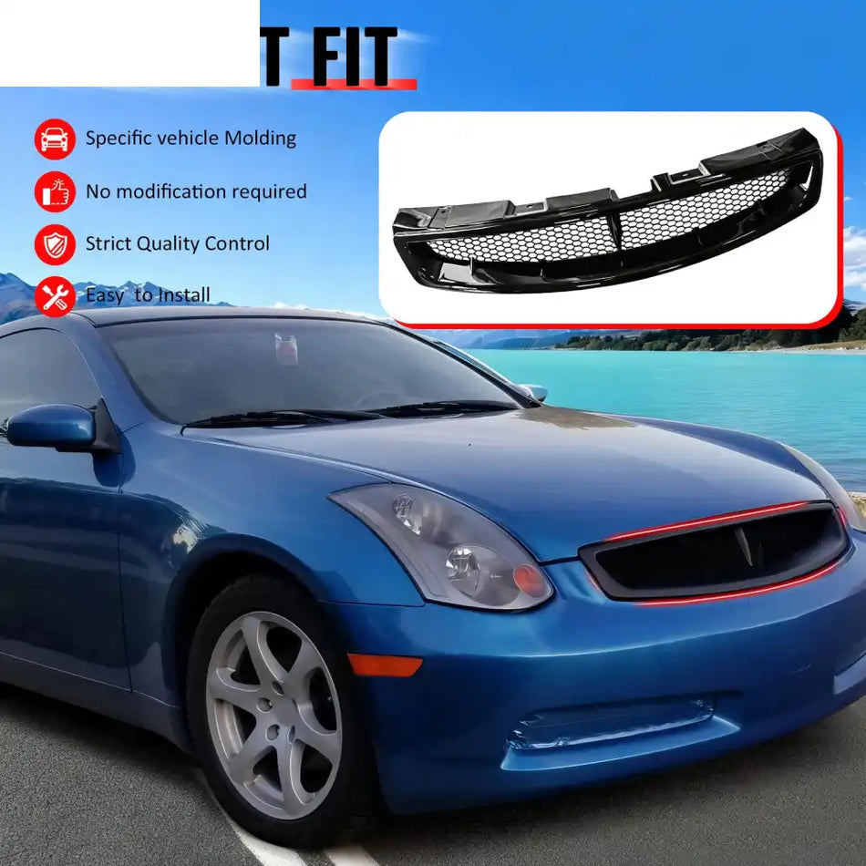 2003-2007 Infiniti G35 Coupe 2-Door JDM Style Front Bumper Upper Grille Replacement Gloss Black ABS Gloss Black