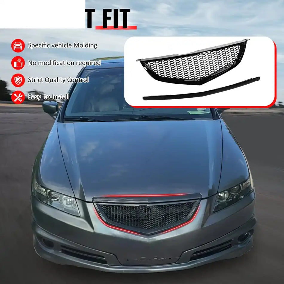 2004-2006 Acura TL Honeycomb Style Front Bumper Upper Grille w/ Frame Gloss Black ABS Gloss Black