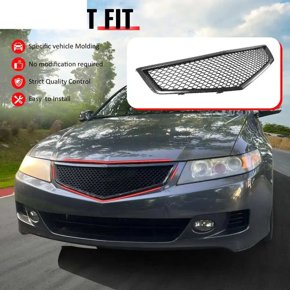 2006-2008 Acura TSX Honeycomb Style Front Bumper Upper Grille Replacement Carbon Fiber Print ABS Carbon Fiber Print