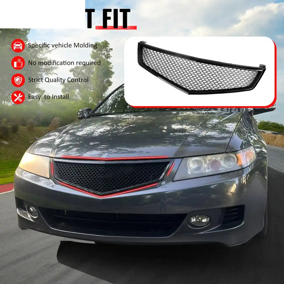 2006-2008 Acura TSX Honeycomb Style Front Bumper Upper Grille Replacement Gloss Black ABS Gloss Black