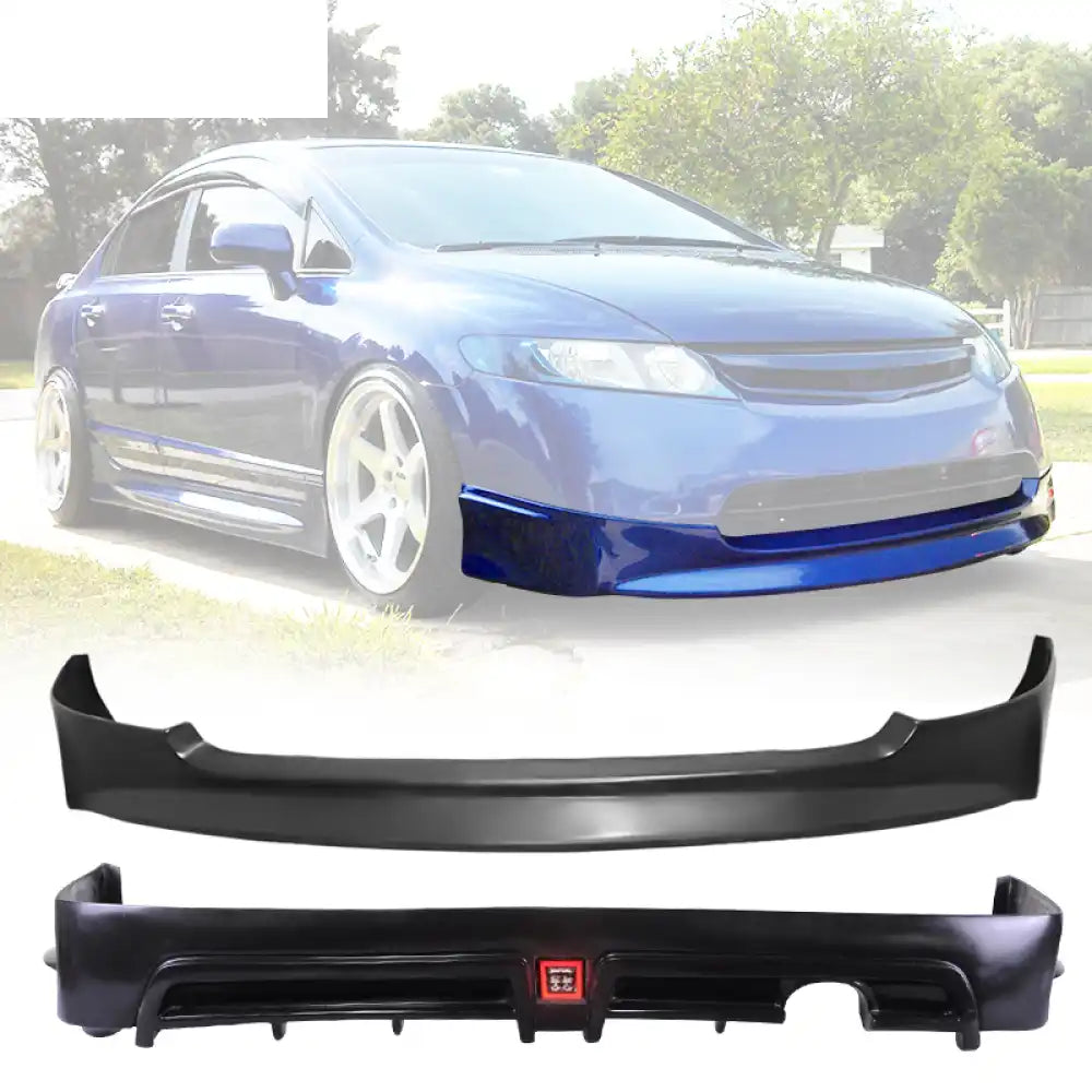 2006-2008 Honda Civic MUG Front Lip Rear Lip PU PP 3rd Brake Light Unpainted Black / Red LED Light