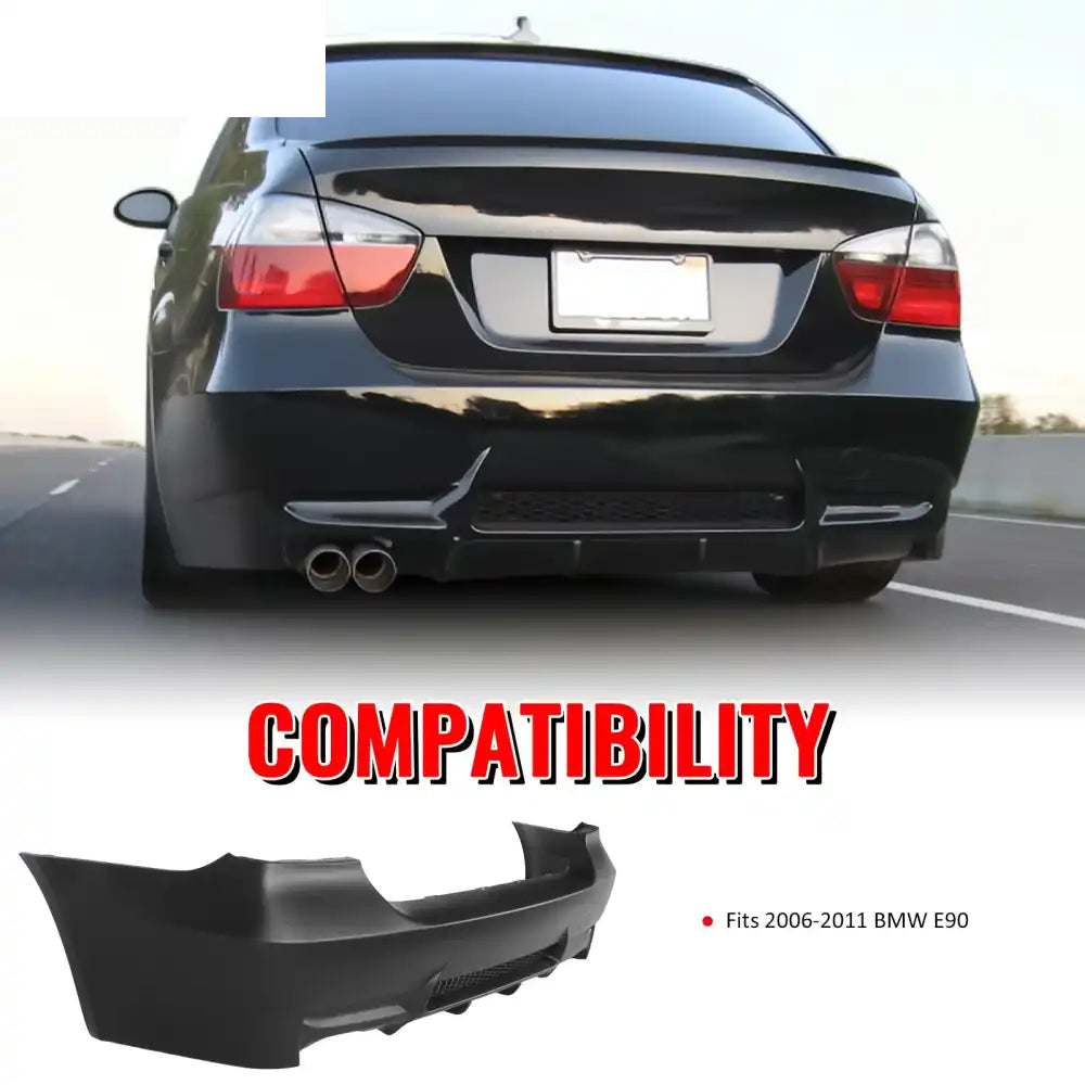 2006-2011 BMW E90 3-Series M3 Style Rear Bumper Cover Replacement PP Unpainted Black