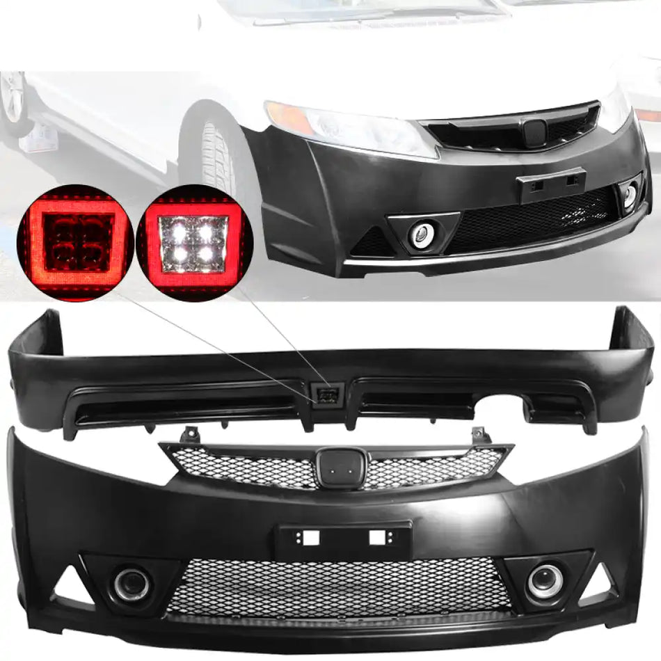 2006-2011 Honda Civic MUG RR Front Bumper Rear Lip With 3rd Light Unpainted Black / Smoke Led Brake Light