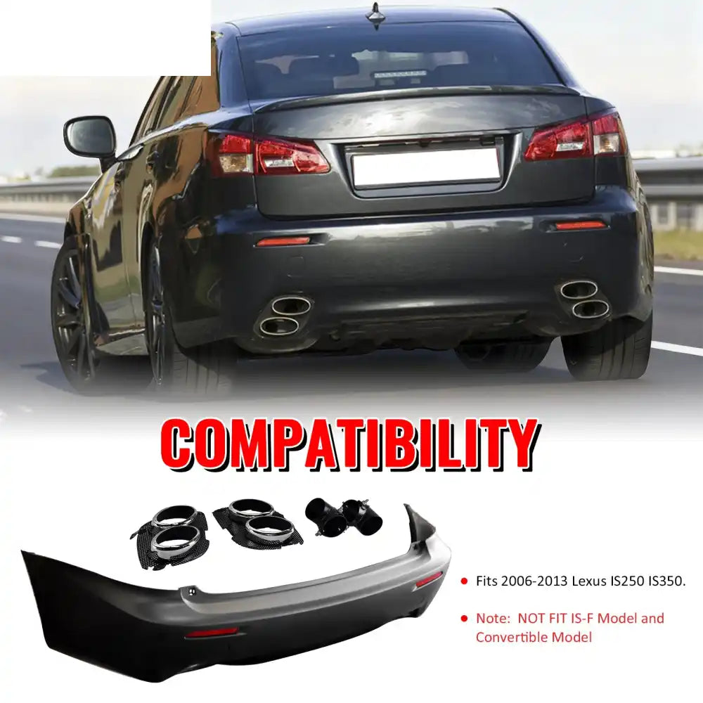 2006-2013 Lexus IS250 IS F Style Rear Bumper Cover W/O PDC W/Muffler Unpainted Black