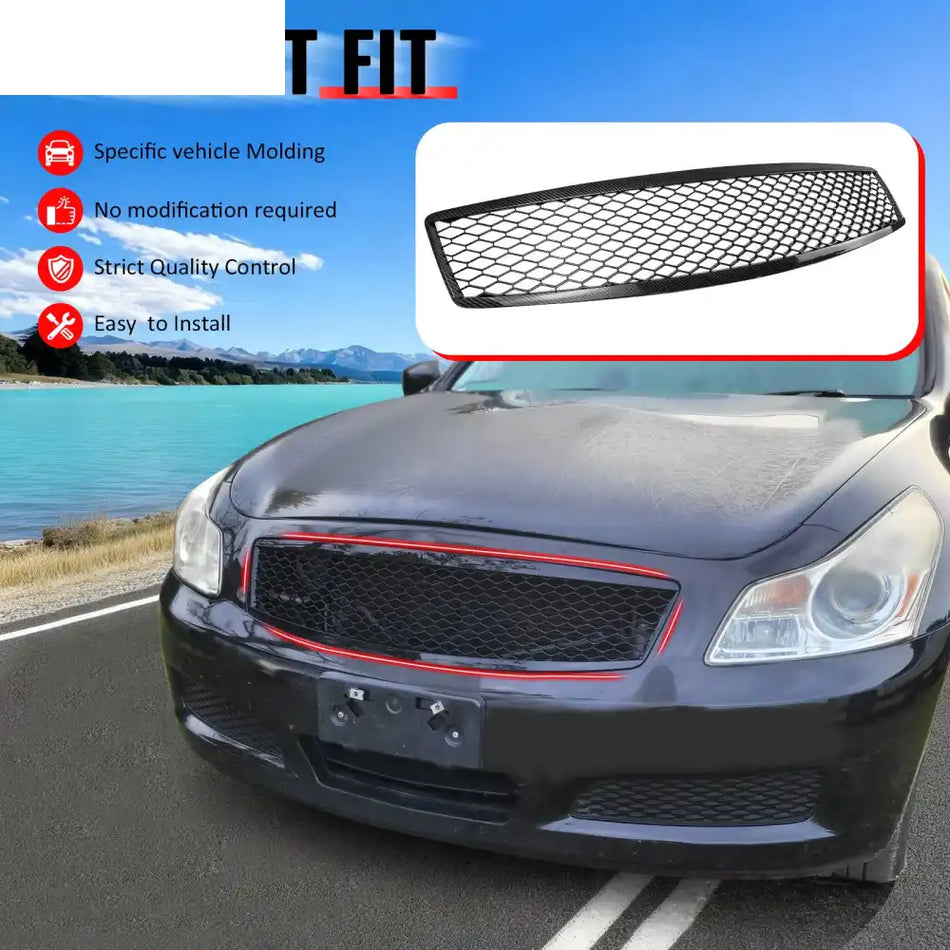 2007-2008 Infiniti G35 & 2009 G37 Sedan Honeycomb Style Front Bumper Upper Grille Replacement Carbon Fiber Print ABS