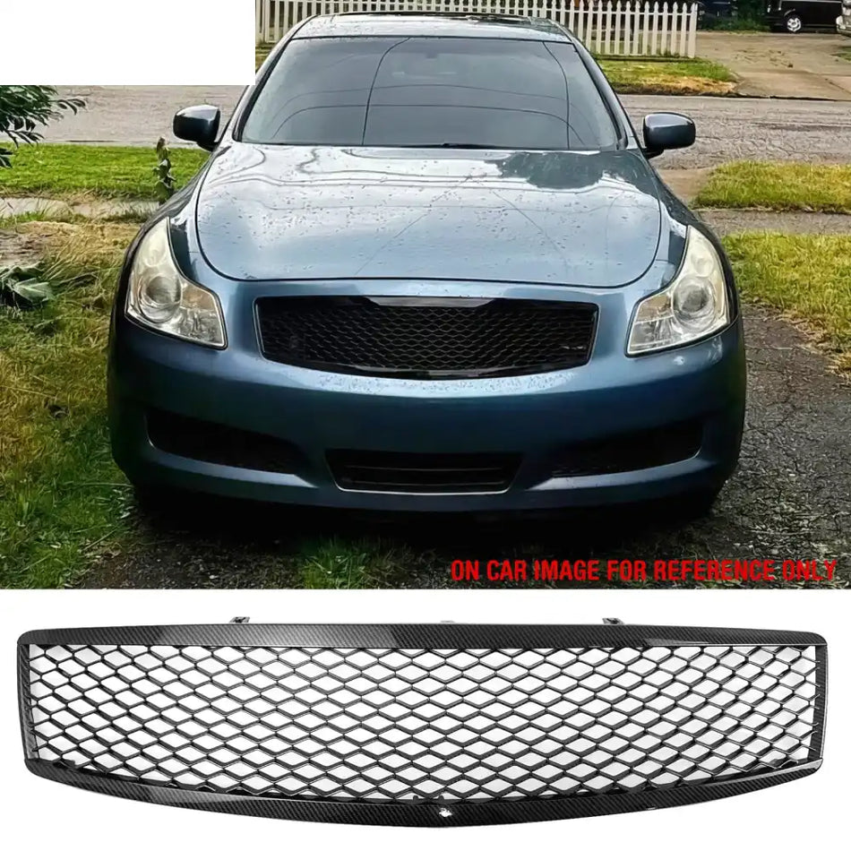 2007-2008 Infiniti G35 & 2009 G37 Sedan Honeycomb Style Front Bumper Upper Grille Replacement Carbon Fiber Print ABS
