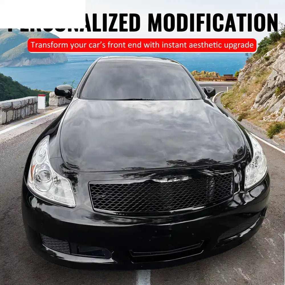 2007-2008 Infiniti G35 & 2009 G37 Sedan Honeycomb Style Front Bumper Upper Grille Replacement Gloss Black ABS Gloss