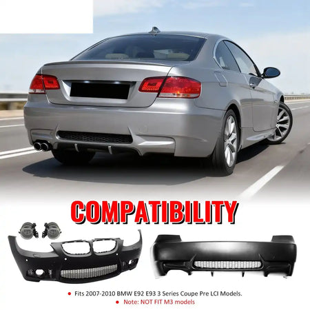 2007-2010 BMW E92 E93 3 Series M3 Style Front & Rear Bumper Cover PP Unpainted Black
