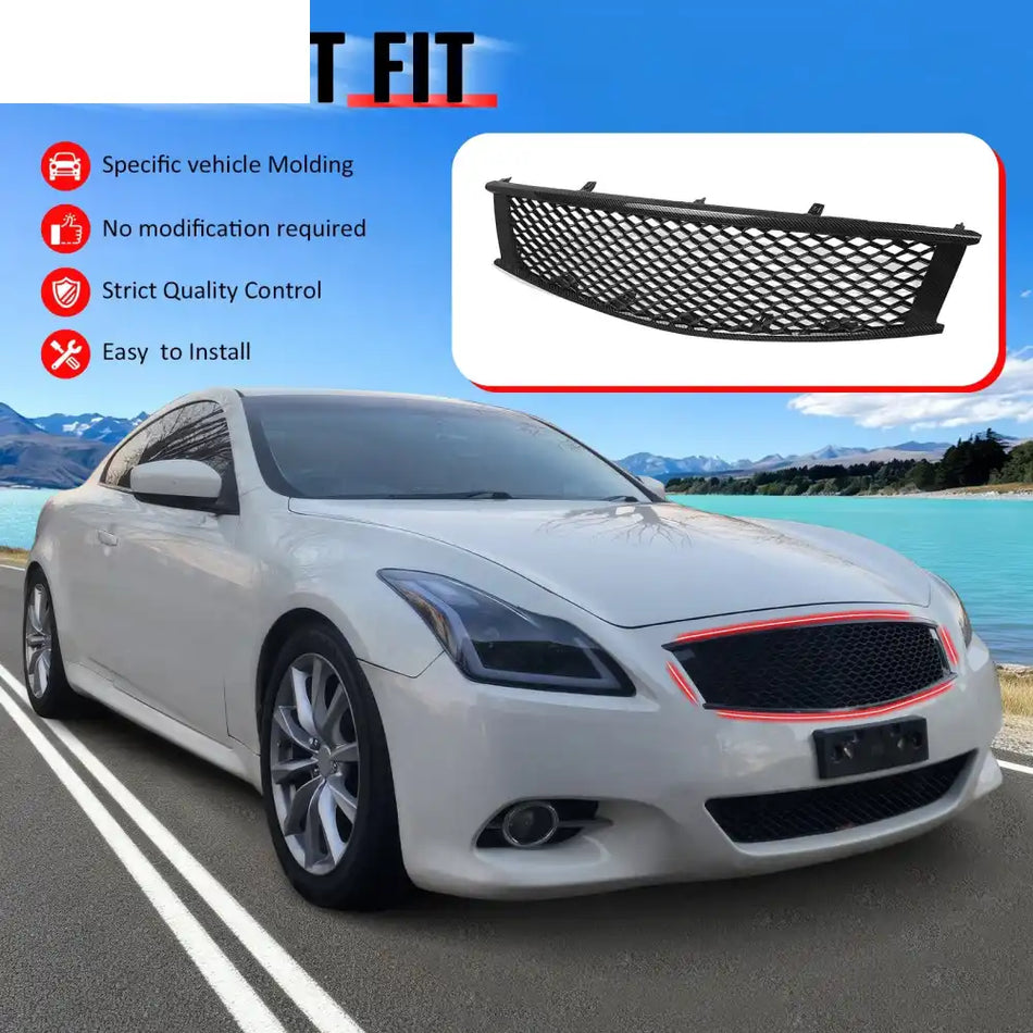 2008-2013 Infiniti G37 Coupe & 2014-2015 Q60 Honeycomb Style Front Bumper Upper Grille Replacement Carbon Fiber Print