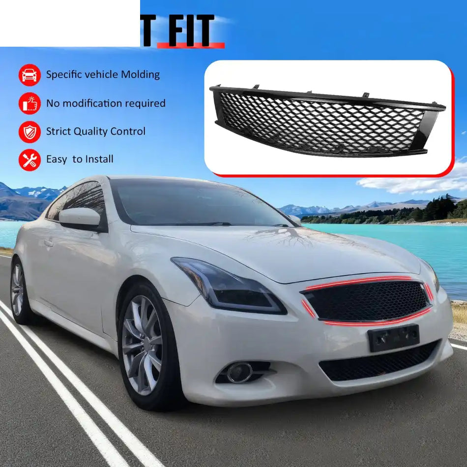 2008-2013 Infiniti G37 Coupe & 2014-2015 Q60 Honeycomb Style Front Bumper Upper Grille Replacement Gloss Black ABS