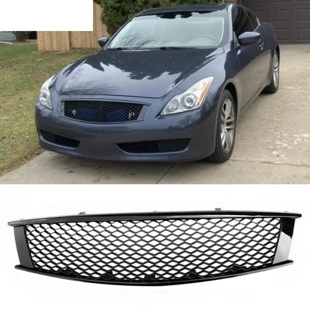 2008-2013 Infiniti G37 Coupe & 2014-2015 Q60 Honeycomb Style Front Bumper Upper Grille Replacement Gloss Black ABS
