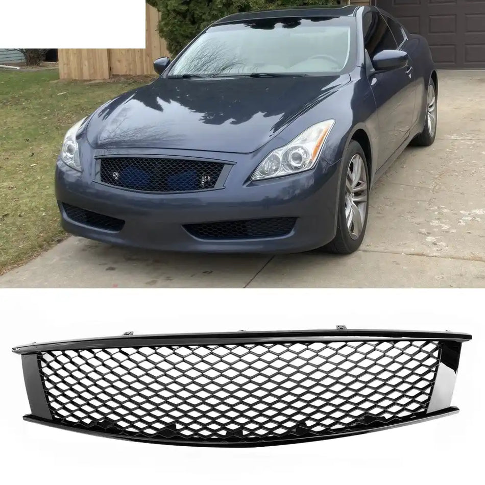 2008-2013 Infiniti G37 Coupe & 2014-2015 Q60 Honeycomb Style Front Bumper Upper Grille Replacement Gloss Black ABS