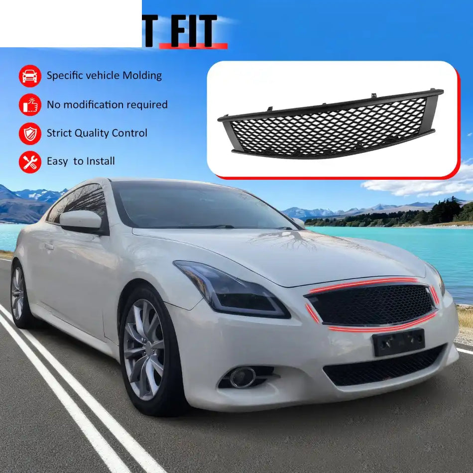 2008-2013 Infiniti G37 Coupe & 2014-2015 Q60 Honeycomb Style Front Bumper Upper Grille Replacement Matte Black ABS