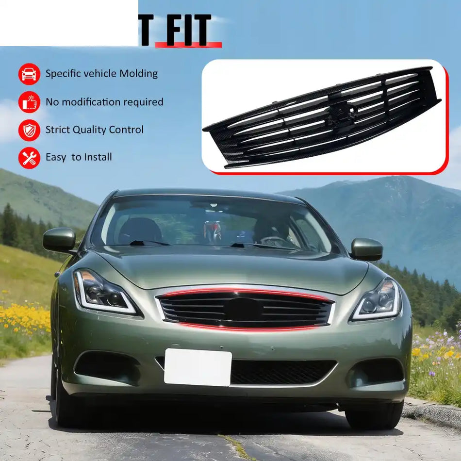 2008-2013 Infiniti G37 Coupe & 2014-2015 Q60 OE Style Front Bumper Upper Grille Replacement Carbon Fiber Print ABS