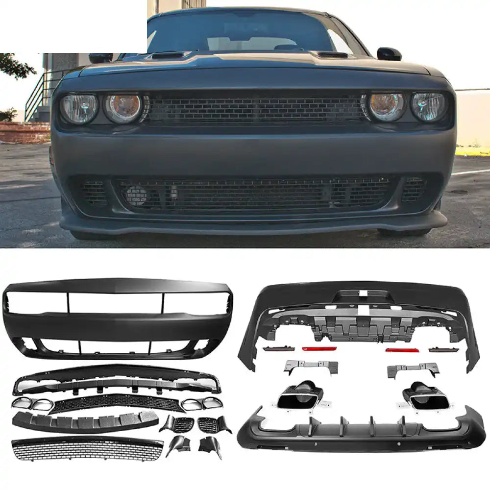 2008-2014 Dodge Challenger Front + Rear Bumper Cover + Diffuser PP Bumper Cover: Unpainted Black and Rear Diffuser: