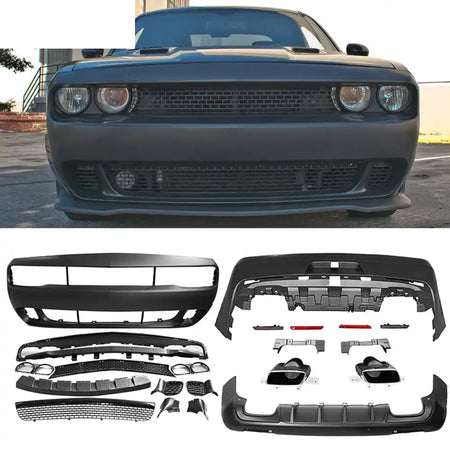 2008-2014 Dodge Challenger Front + Rear Bumper Cover + Diffuser PP Bumper Cover: Unpainted Black/Rear Diffuser: Matte