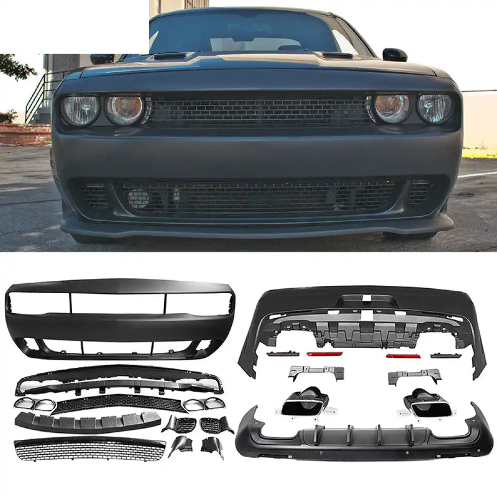 2008-2014 Dodge Challenger Front + Rear Bumper Cover + Diffuser PP Bumper Cover: Unpainted Black, Rear Diffuser: Matte