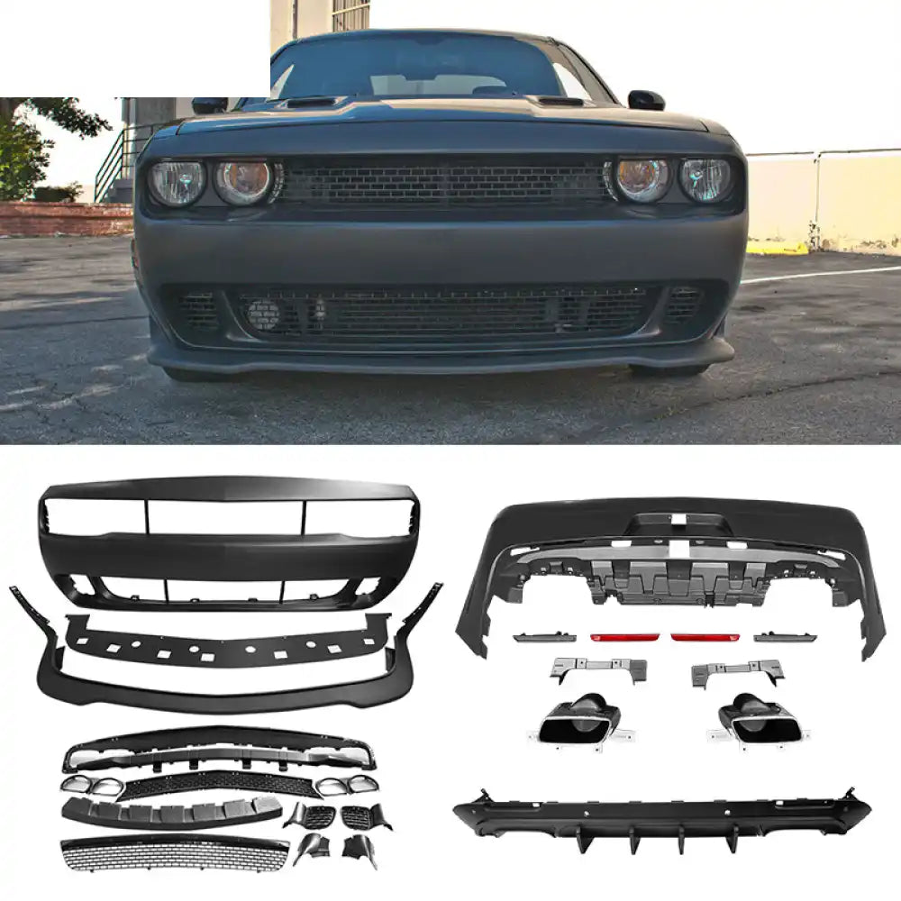 2008-2014 Dodge Challenger Front + Rear Bumper Cover + Lip + Diffuser PP Bumper Cover: Unpainted Black; Front Lip: