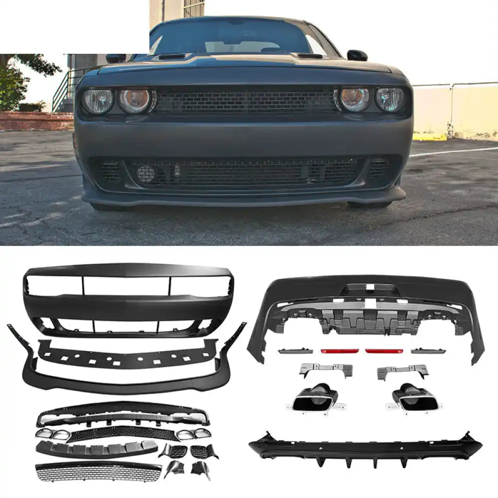 2008-2014 Dodge Challenger Front + Rear Bumper Cover + Lip + Diffuser PP Front & Rear Bumper Cover: Unpainted Black,