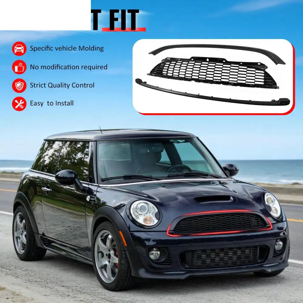 2008-2015 Mini Cooper S& JCW R55 R56 R57 R58 R59 JCW Style Front Bumper Upper Grille w/ Frame Carbon Fiber Print ABS
