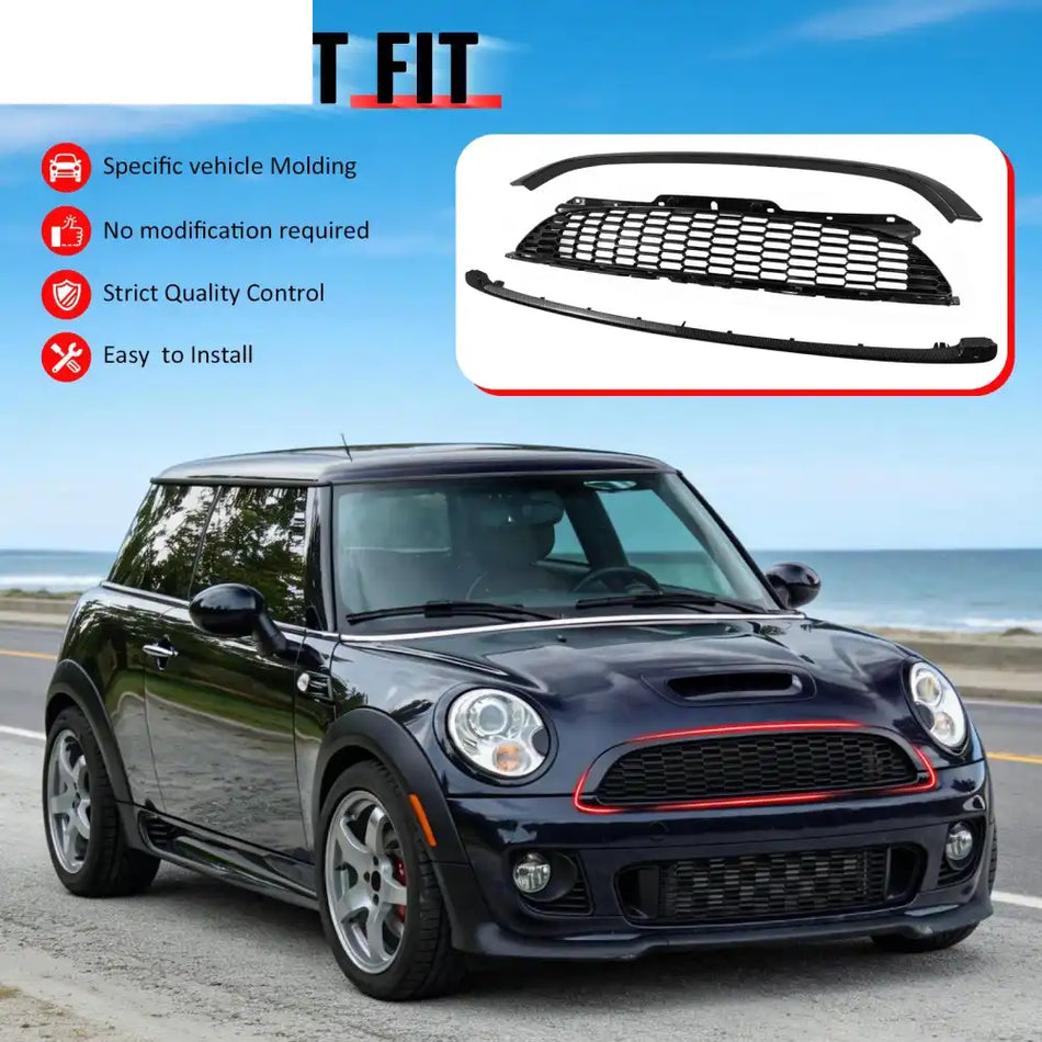 2008-2015 Mini Cooper S& JCW R55 R56 R57 R58 R59 JCW Style Front Bumper Upper Grille w/ Frame Carbon Fiber Print ABS