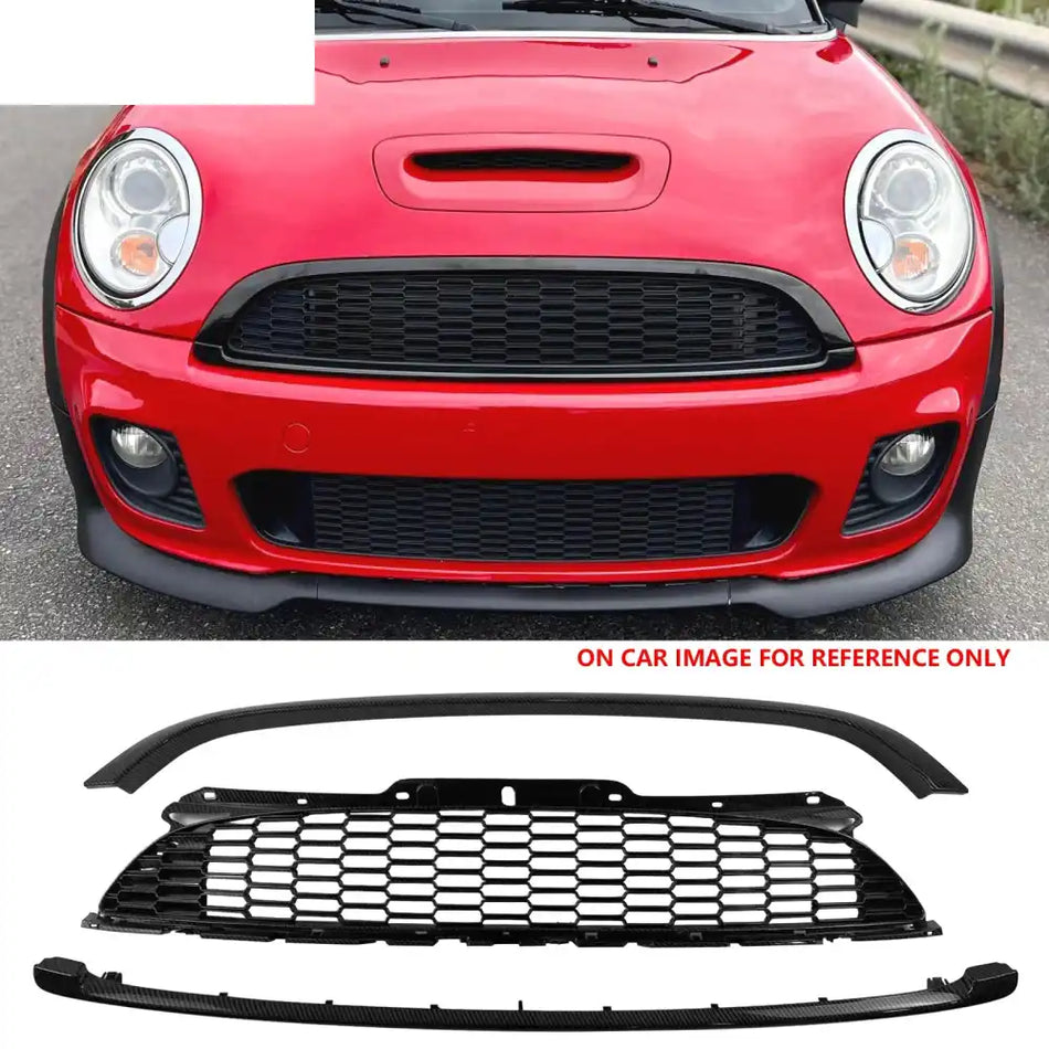 2008-2015 Mini Cooper S& JCW R55 R56 R57 R58 R59 JCW Style Front Bumper Upper Grille w/ Frame Carbon Fiber Print ABS