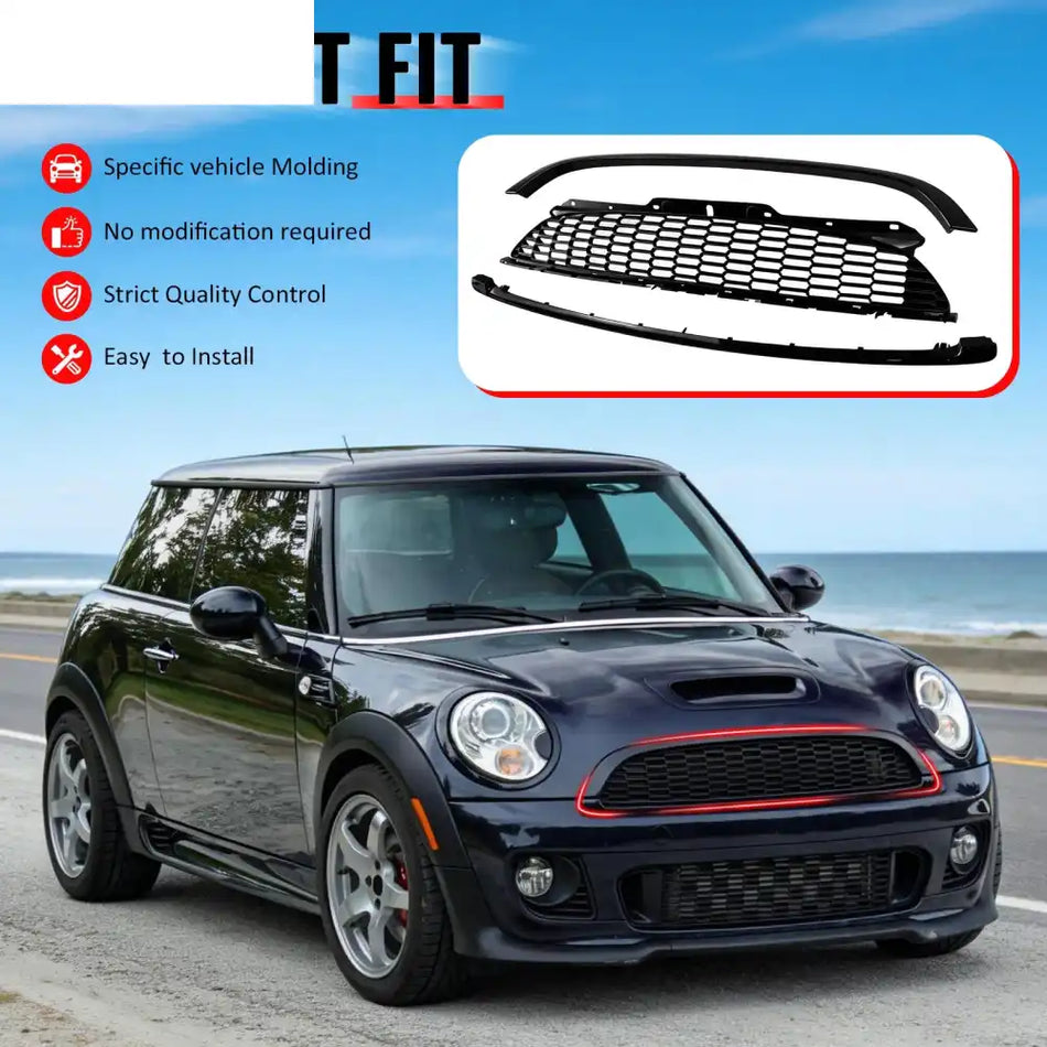 2008-2015 Mini Cooper S& JCW R55 R56 R57 R58 R59 JCW Style Front Upper Grille Matte Black Grille Gloss Black Frame ABS
