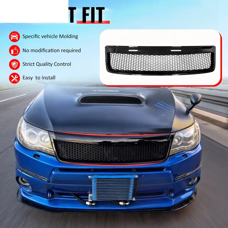 2009-2013 Subaru Forester Honeycomb Style Front Bumper Upper Grille Replacement Gloss Black ABS Gloss Black