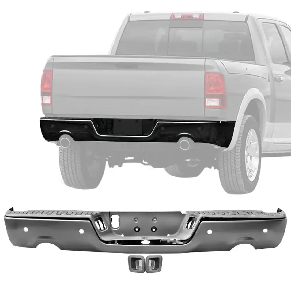 2009-2018 Dodge Ram 1500 Rear Step Bumper With Exhaust Holes - Steel Unpainted Black