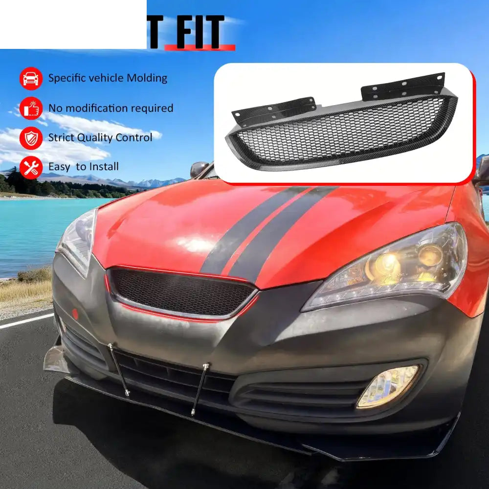 2010-2012 Hyundai Genesis Coupe Honeycomb Style Front Bumper Upper Grille Replacement Carbon Fiber Print ABS Carbon