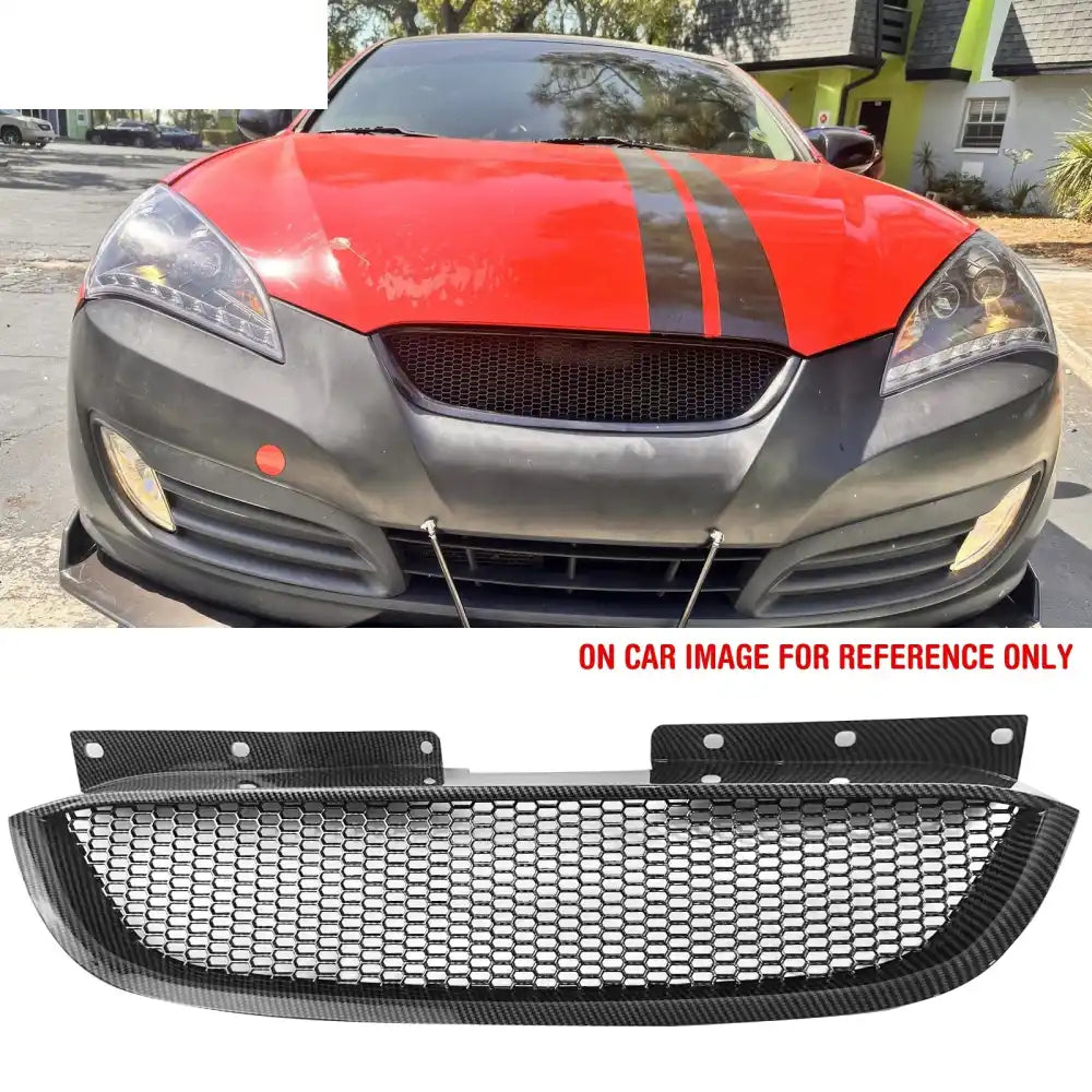 2010-2012 Hyundai Genesis Coupe Honeycomb Style Front Bumper Upper Grille Replacement Carbon Fiber Print ABS Carbon