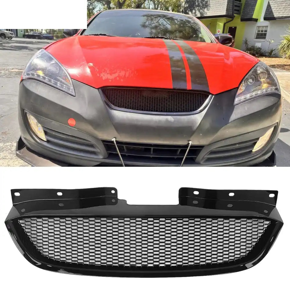 2010-2012 Hyundai Genesis Coupe Honeycomb Style Front Bumper Upper Grille Replacement Gloss Black ABS Gloss Black