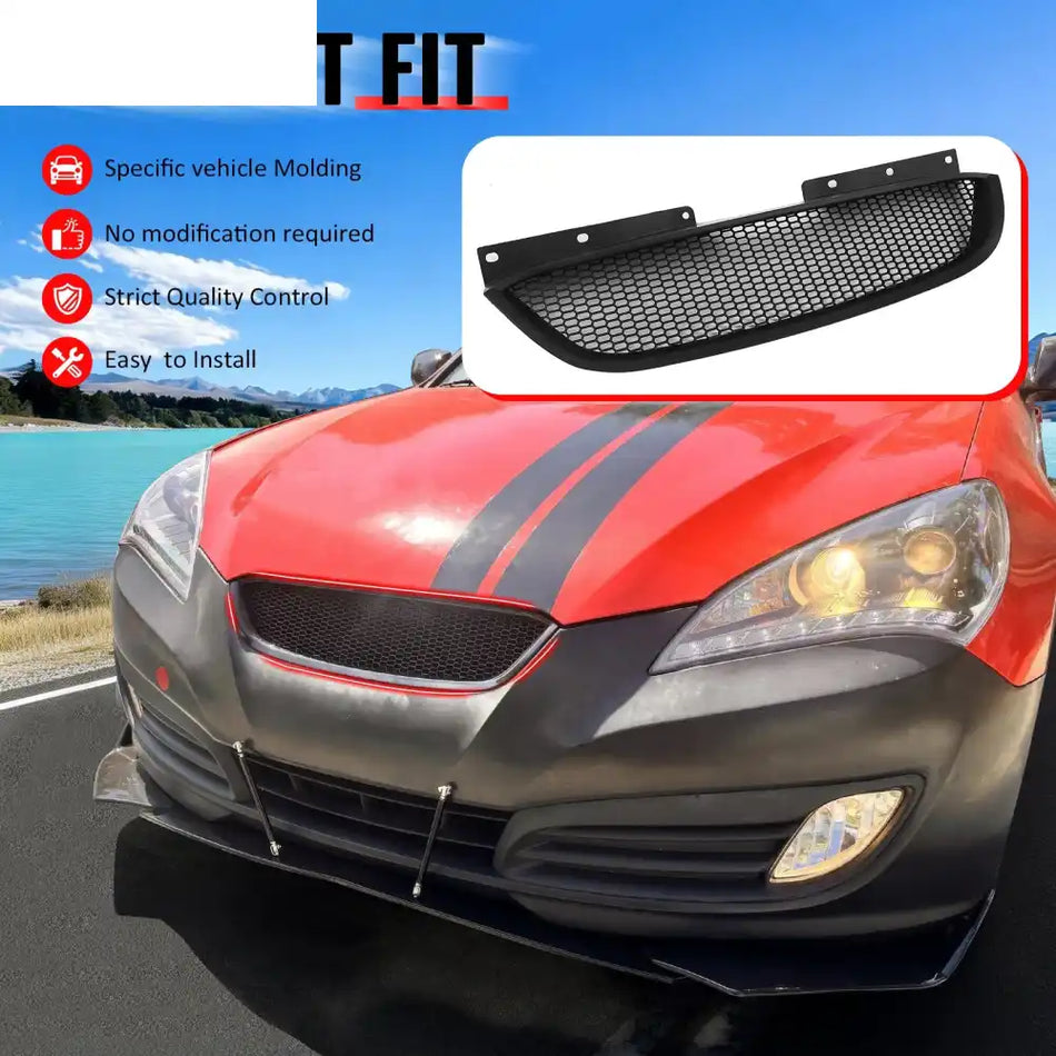 2010-2012 Hyundai Genesis Coupe Honeycomb Style Front Bumper Upper Grille Replacement Matte Black ABS Matte Black