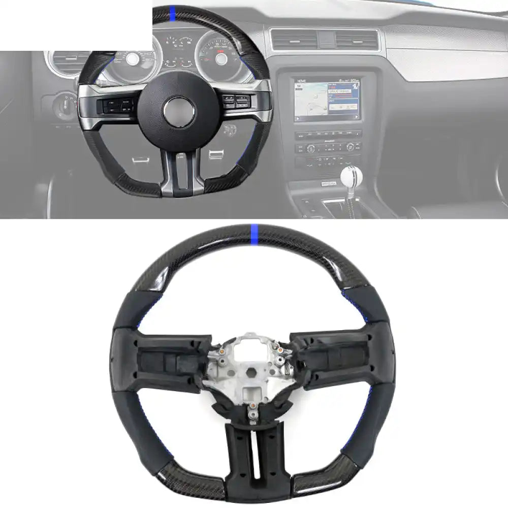 2010-2014 Ford Mustang Steering Wheel Carbon Fiber Black with Blue Stitch & Blue Indicator & Perforated Leather