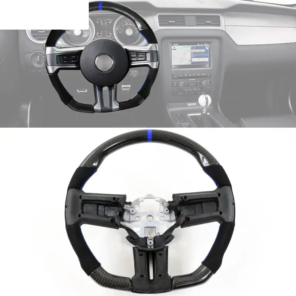 2010-2014 Ford Mustang Steering Wheel Carbon Fiber Black with Blue Stitch & Blue Indicator & Synthetic Suede / Carbon