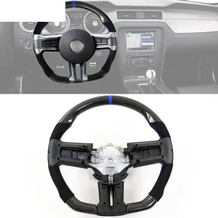 2010-2014 Ford Mustang Steering Wheel Carbon Fiber Black with Blue Stitch & Blue Indicator & Synthetic Suede / Carbon