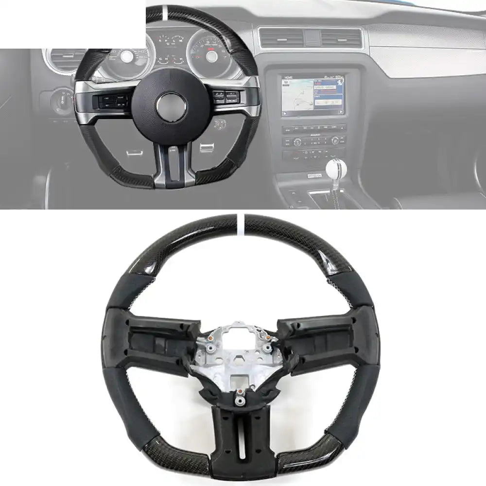 2010-2014 Ford Mustang Steering Wheel Carbon Fiber Black with White Stitch & White Indicator Perforated Leather