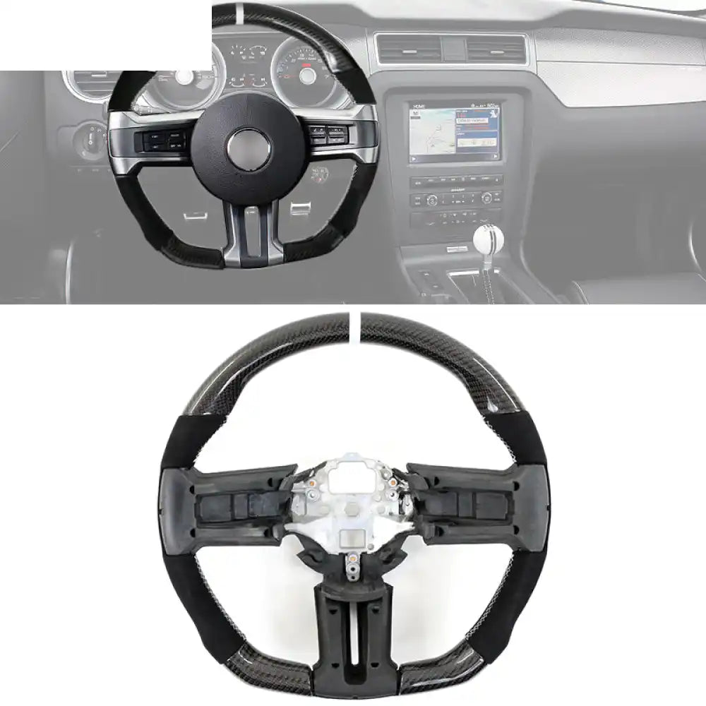 2010-2014 Ford Mustang Steering Wheel Carbon Fiber Black with White Stitch & White Indicator & Synthetic Suede / Carbon