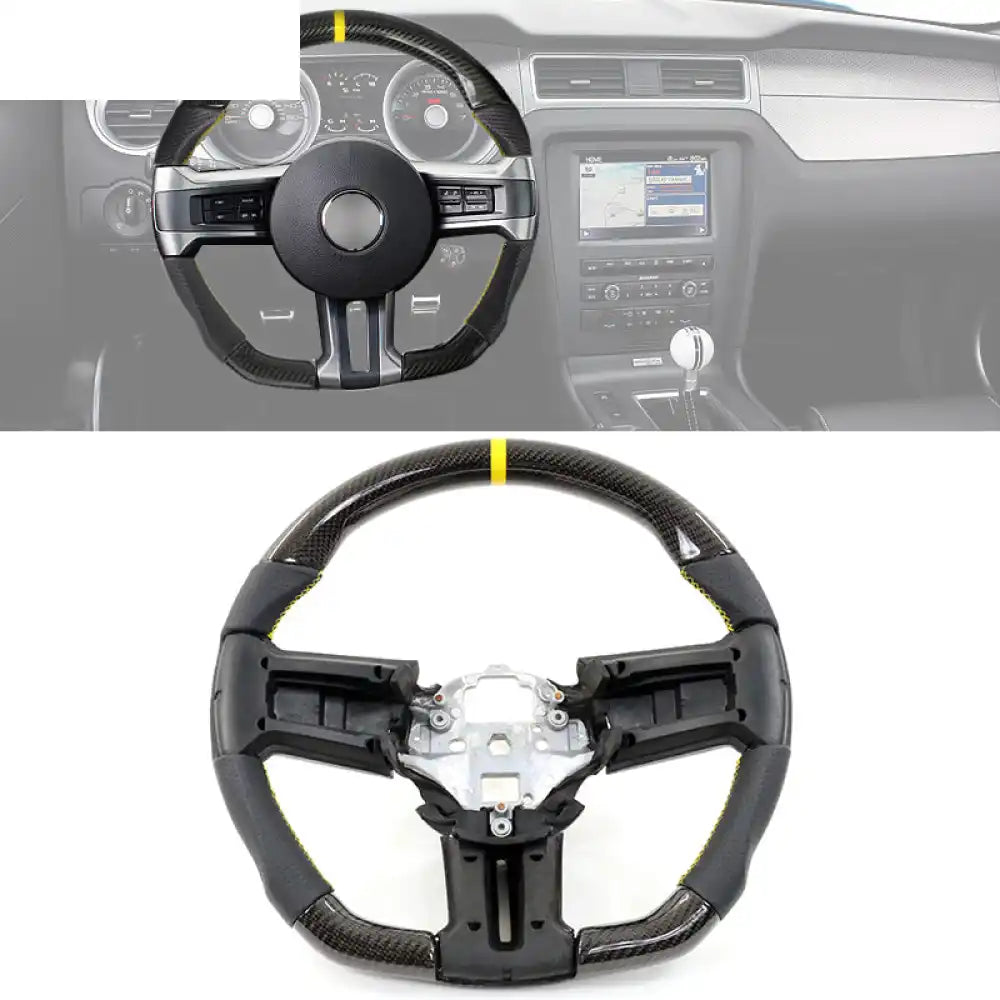2010-2014 Ford Mustang Steering Wheel Carbon Fiber Black with Yellow Stitch & Yellow Indicator Perforated Leather