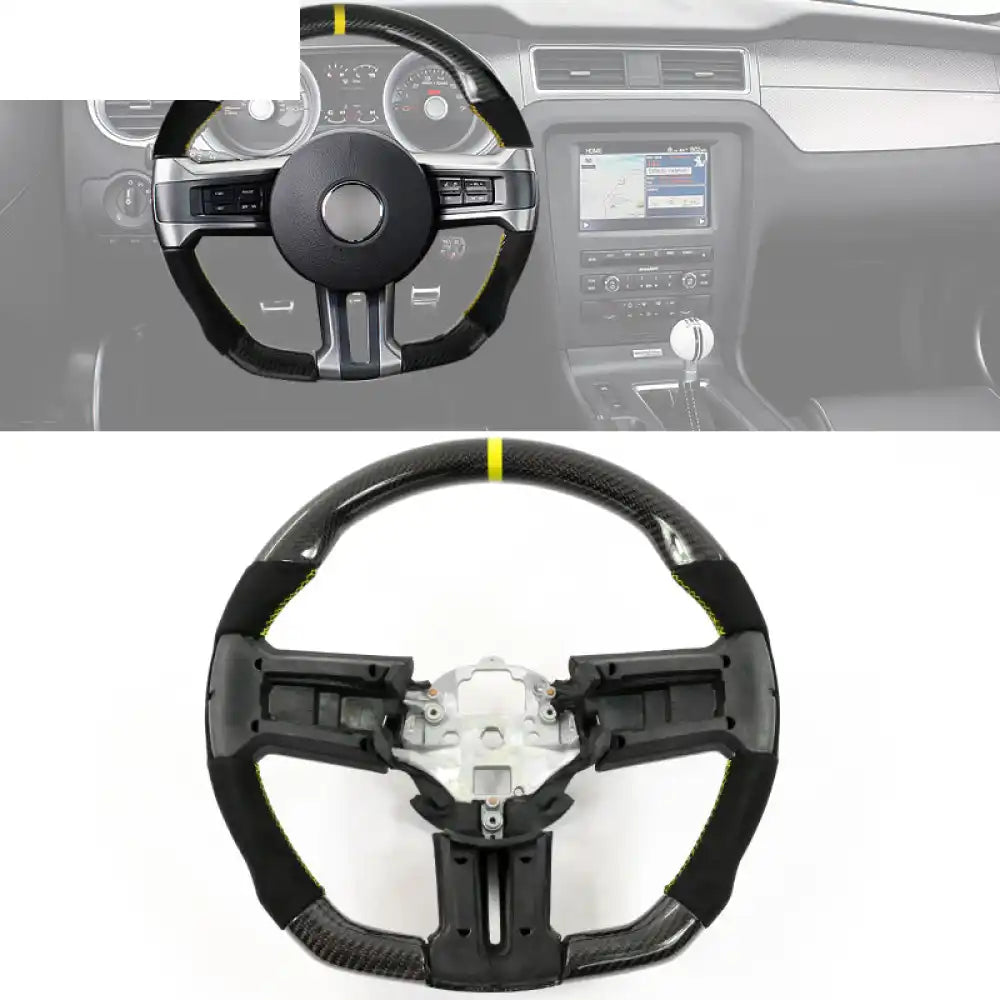2010-2014 Ford Mustang Steering Wheel Carbon Fiber Black with Yellow Stitch & Yellow Indicator & Synthetic Suede