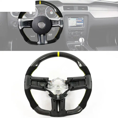 2010-2014 Ford Mustang Steering Wheel Carbon Fiber Black with Yellow Stitch & Yellow Indicator & Synthetic Suede