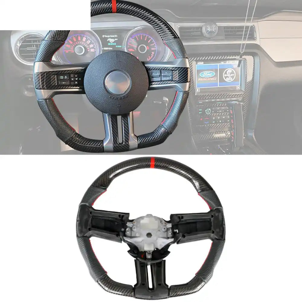 2010-2014 Ford Mustang Steering Wheel Carbon Fiber Red Ring & Perforated Leather & Indicator / Carbon Fiber