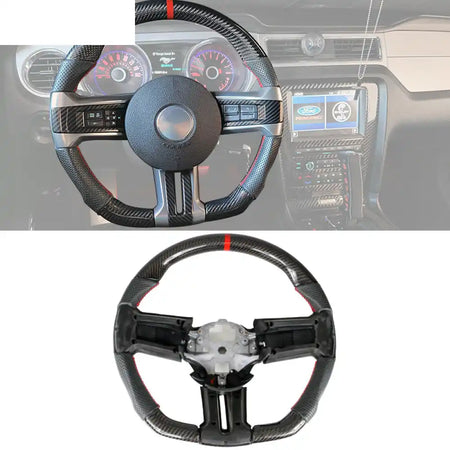 2010-2014 Ford Mustang Steering Wheel Carbon Fiber Red Ring & Perforated Leather & Indicator / Carbon Fiber