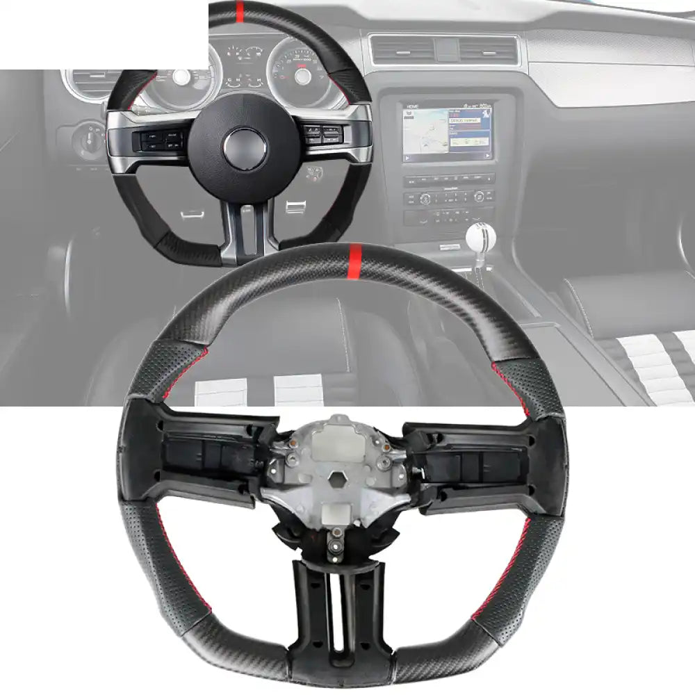 2010-2014 Ford Mustang Steering Wheel Carbon Fiber Red Ring & Perforated Leather / Matte Carbon Fiber