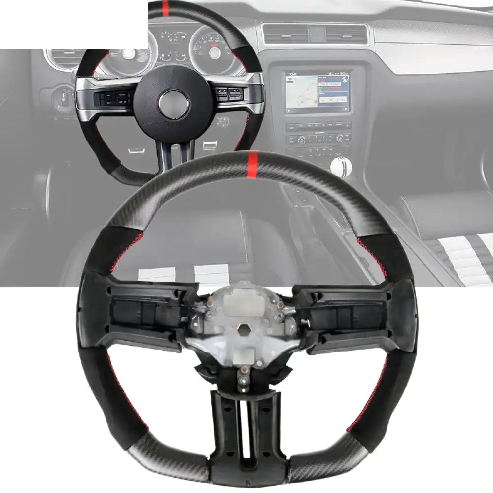 2010-2014 Ford Mustang Steering Wheel Carbon Fiber Red Ring with Indicator & Synthetic Suede / Matte Carbon Fiber