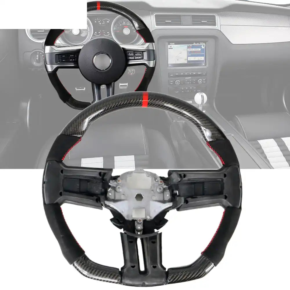 2010-2014 Ford Mustang Steering Wheel Carbon Fiber Carbon Fiber with Red Ring & Synthetic Suede & Indicator / Carbon