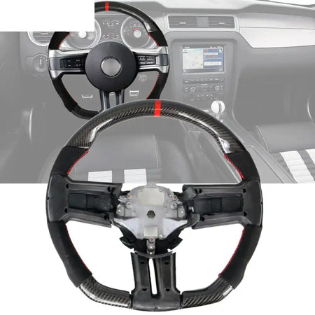 2010-2014 Ford Mustang Steering Wheel Carbon Fiber Carbon Fiber with Red Ring & Synthetic Suede & Indicator / Carbon