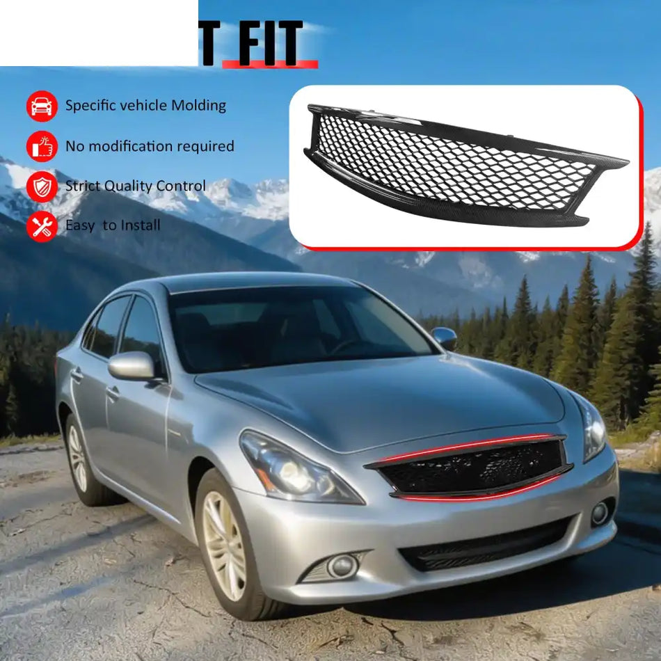 2010-2015 Infiniti G37 G25 Q40 Sedan Honeycomb Style Front Bumper Upper Grille Replacement Carbon Fiber Print ABS